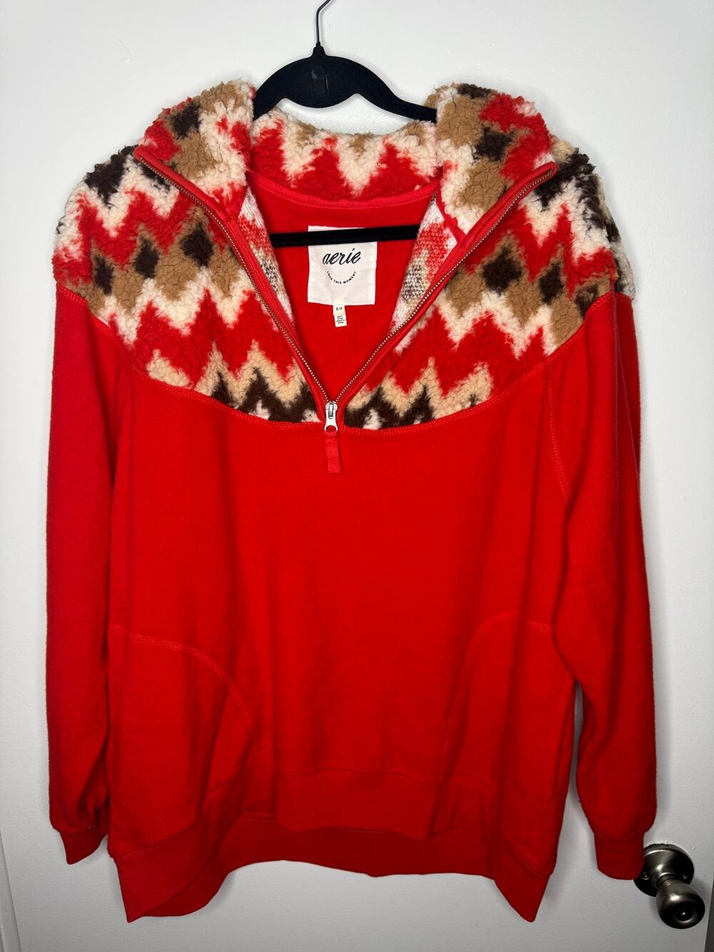 Aerie Womens Small Red Sherpa Quarter Zip Fleece Sweater Aztec